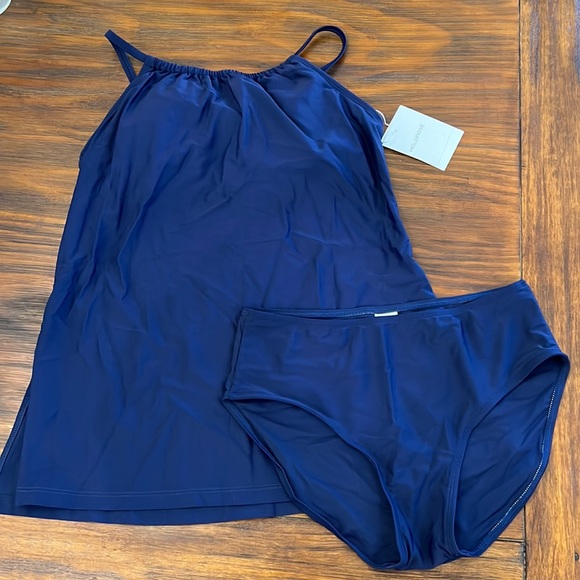 NWT{Hold Pose}Sz S High Neck Midnight Blue Tankini & Bottoms - Picture 1 of 14